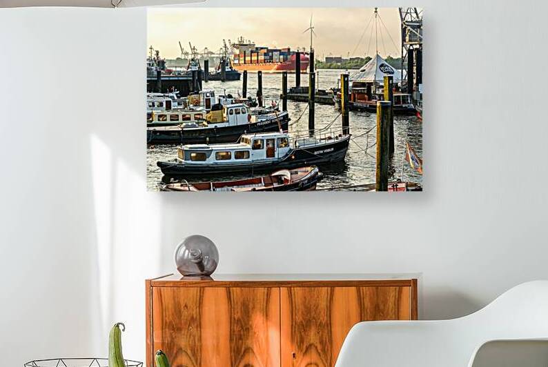 Historic boats in the old museum harbor in Hamburg Övelgönne at the Elbe River at sunrise  by caladoart