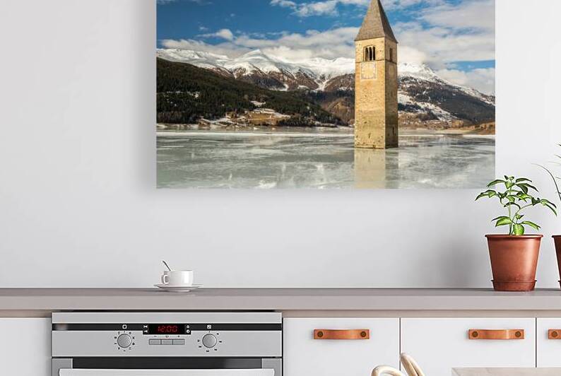 Flooded bell tower in Lake Reschen Reschensee in South Tyrol by caladoart