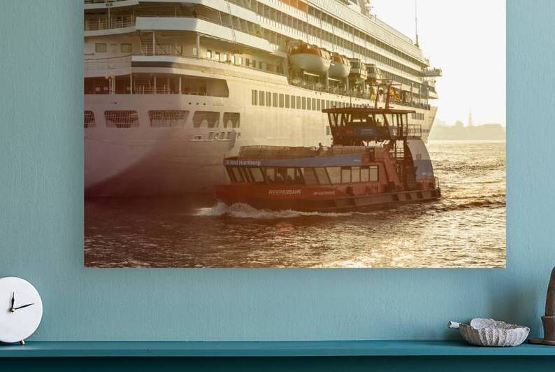 Ferry on the Elbe River in the harbor district in Hamburg during golden sunset  by caladoart