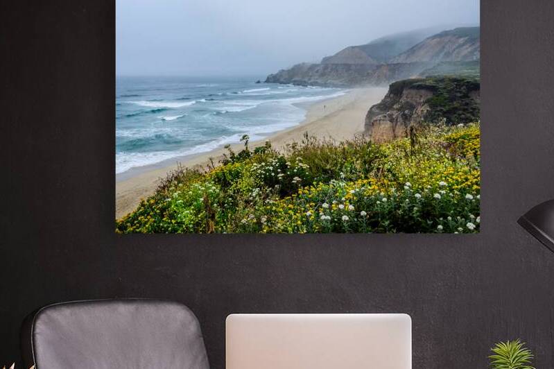 Secluded bay and beach at the Pacific Ocean in California on a foggy day by caladoart