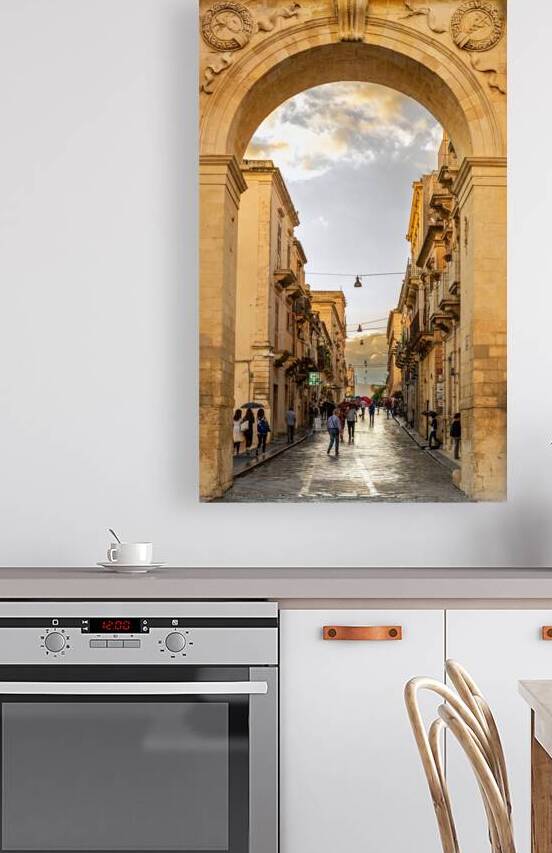 Beautiful baroque archway and people in the streets of Noto on Sicily in Italy  by caladoart