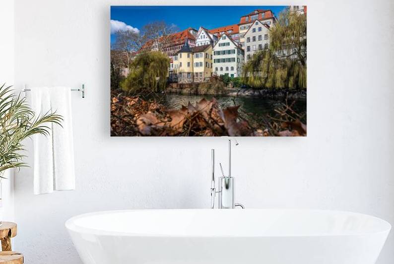 Celebrated Hölderlinturm and traditional half timbered houses at the riverfront of Tübingen Germany  by caladoart