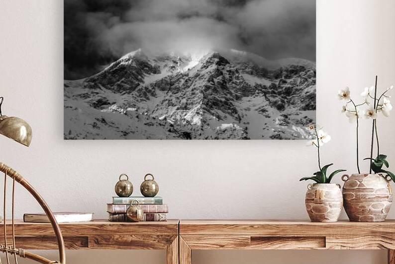 Black and white shot of the majestic Ortler Mountain in Sulden in winter  by caladoart