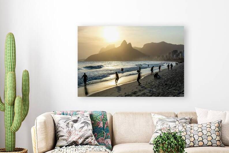 People enjoying the ocean during beautiful sunset at Ipanema Beach in Rio de Janeiro  by caladoart