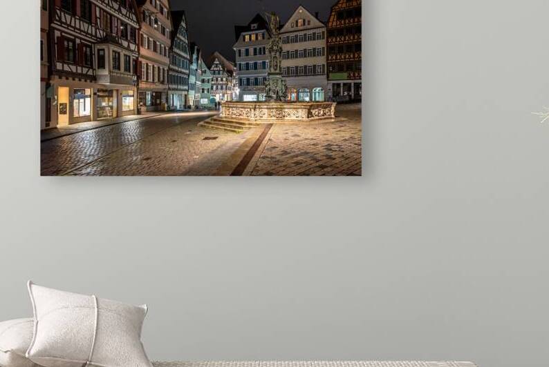 Night shot of the main town square and scenic fountain in Tübingen by caladoart