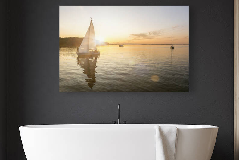 Sailing boats  coming into the harbor at sunset Baltic Sea by caladoart