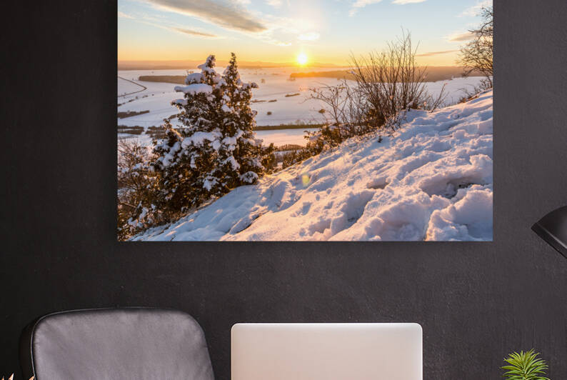 Sunset in the snow in Kornbuhl in South Germany by caladoart