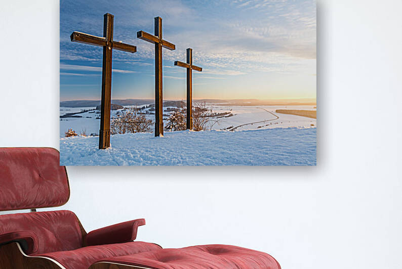 Crosses on a hill in winter in Kornbuhl South Germany  by caladoart