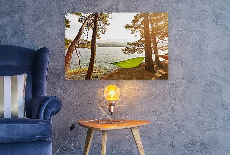 Hammock between pine trees in scenic bay Osor on the island of Losinj in the Adriatic Sea Croatia by caladoart