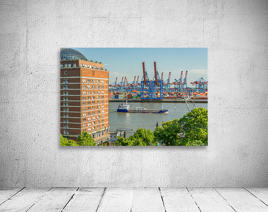 View of the Burchardkai container terminal and ship from Hamburg Övelgönne Germany Wall Preview
