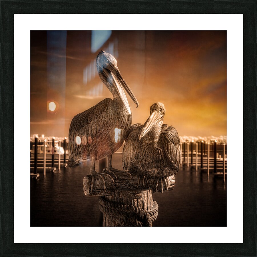 Coastal Serenity: Sunset Silhouette of A Pelican Wood Carving Picture Frame print