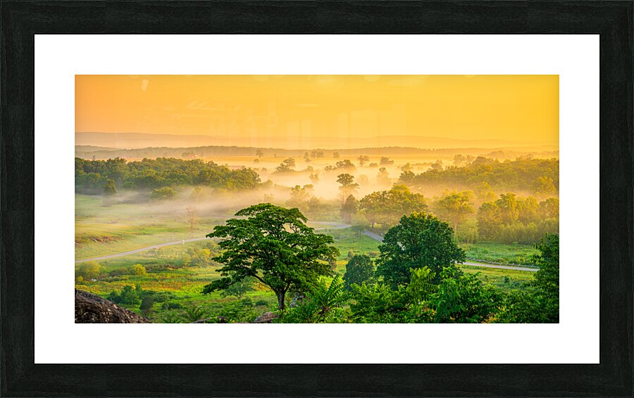Dawns Embrace: Little Round Top Foggy Morning in Gettysburg PA Picture Frame print