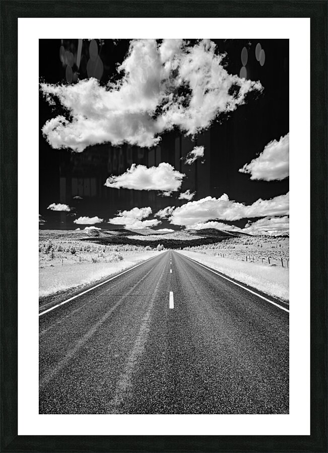 Rural Majesty Unveiled: Montanas Highway Horizon in Black and White Infrared Splendor  Picture Frame print