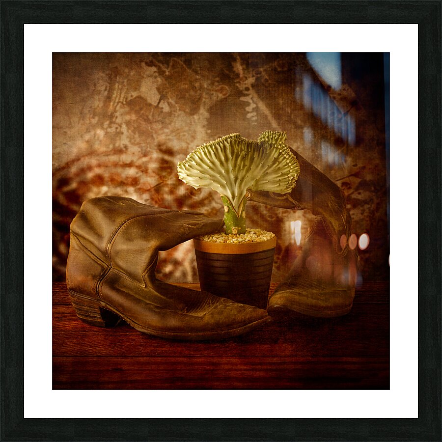 Southwest Harmony: Wavy Cactus and Weathered Cowboy Boots Impression et Cadre photo