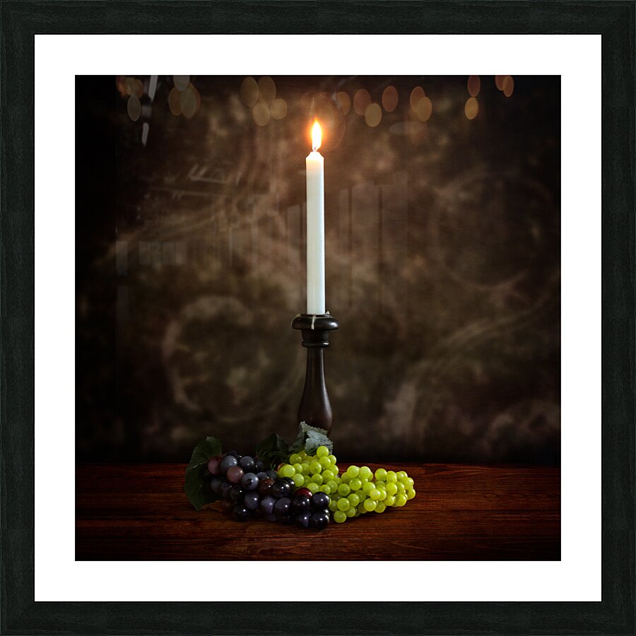 Vintage Illumination: Antique Candlestick with Grapes and Flame Picture Frame print
