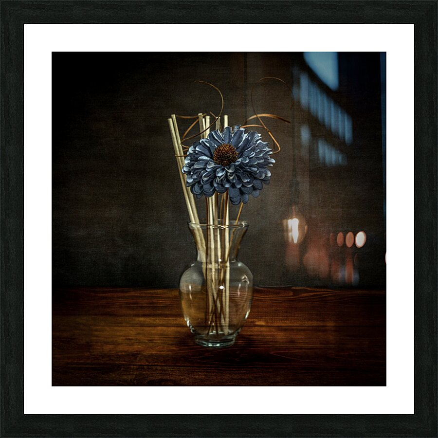 Aquatic Blossom: Blue Flower in Clear Vase with Reeds Picture Frame print