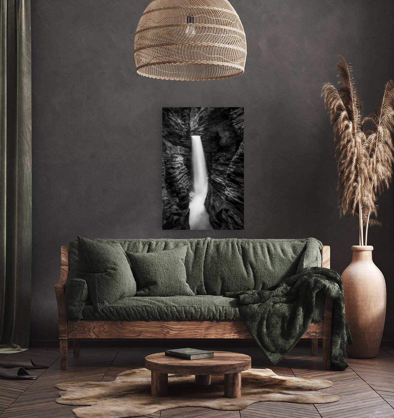 Monochrome Majesty: Watkins Glen Waterfall in Late October Reproduction