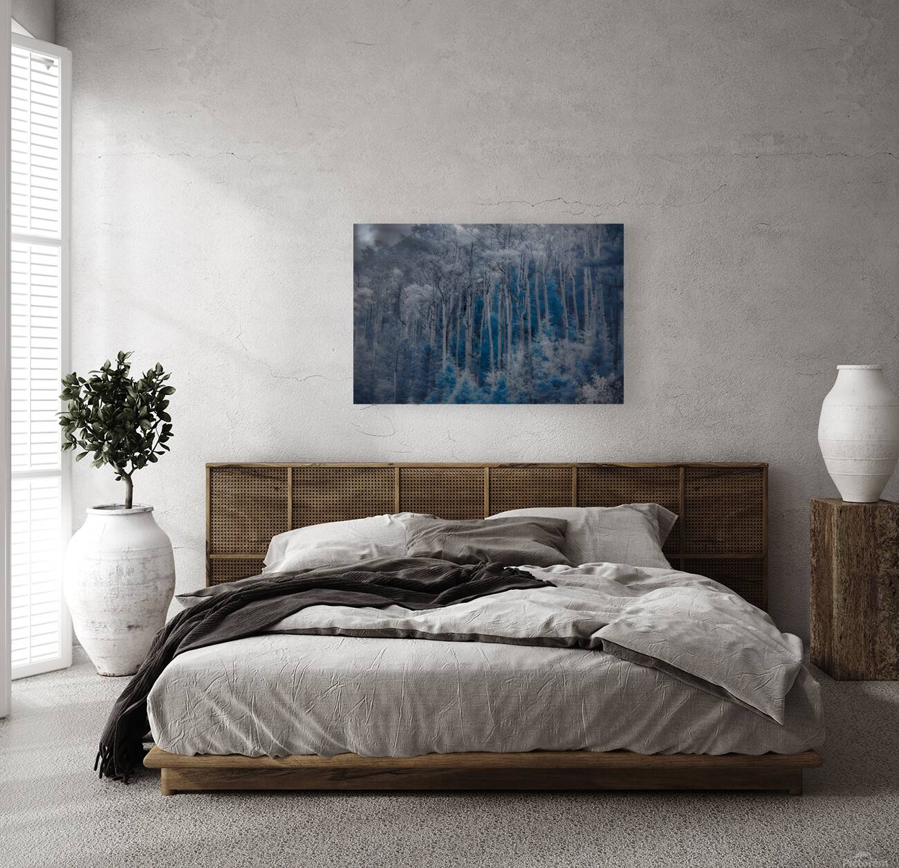 Ethereal Blue Amidst Monochrome Forest Reproduction