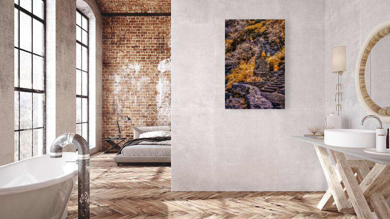 Golden Steps Ascent: A Color Infrared Symphony in Watkins Glen State Park Reproduction