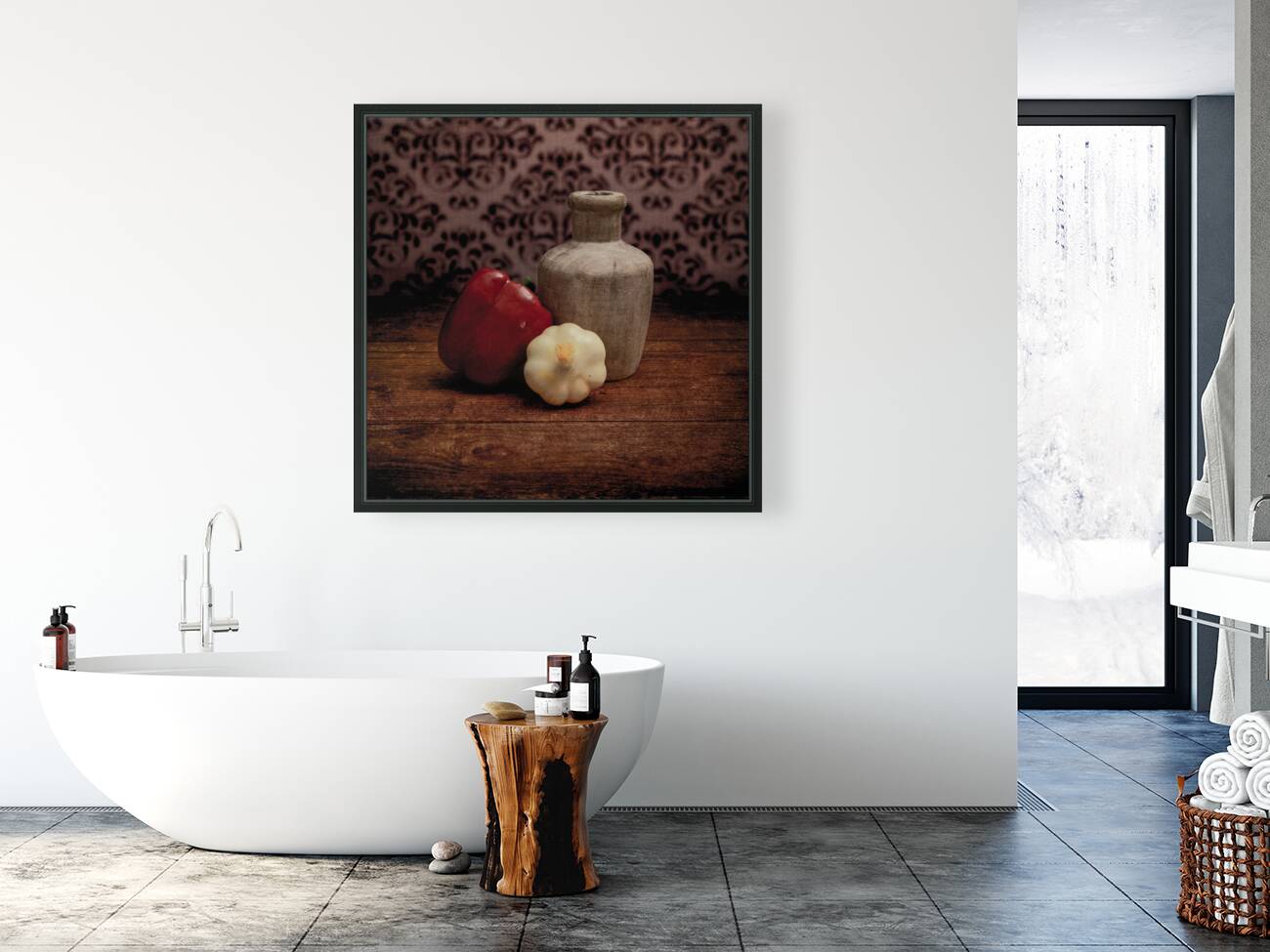 Farmhouse Spice: Weathered Wooden Jar with Red Pepper and Garlic Reproduction