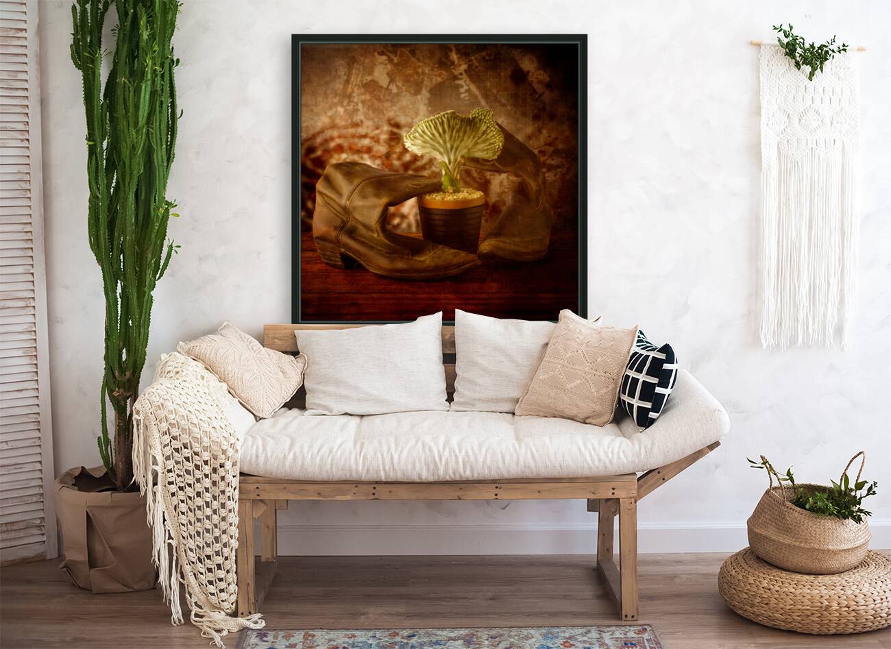 Southwest Harmony: Wavy Cactus and Weathered Cowboy Boots Reproduction