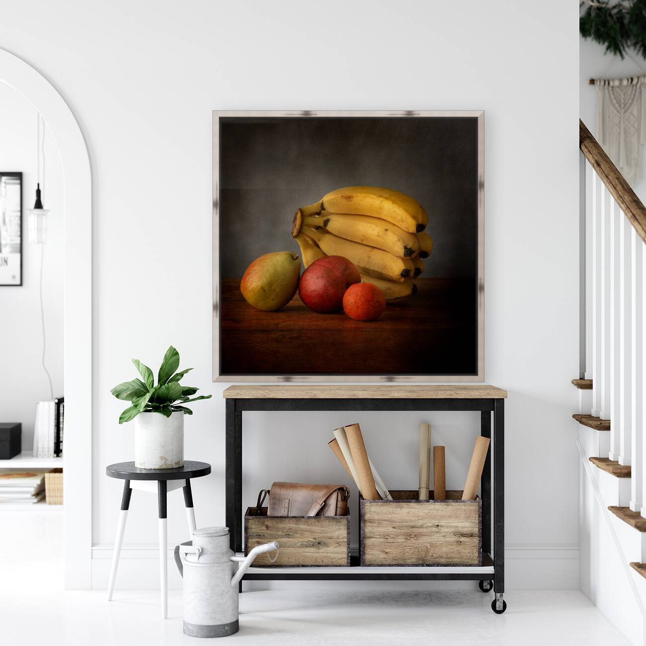 Bountiful Medley: Bananas Behind Green Pear Red Pear and Orange Reproduction