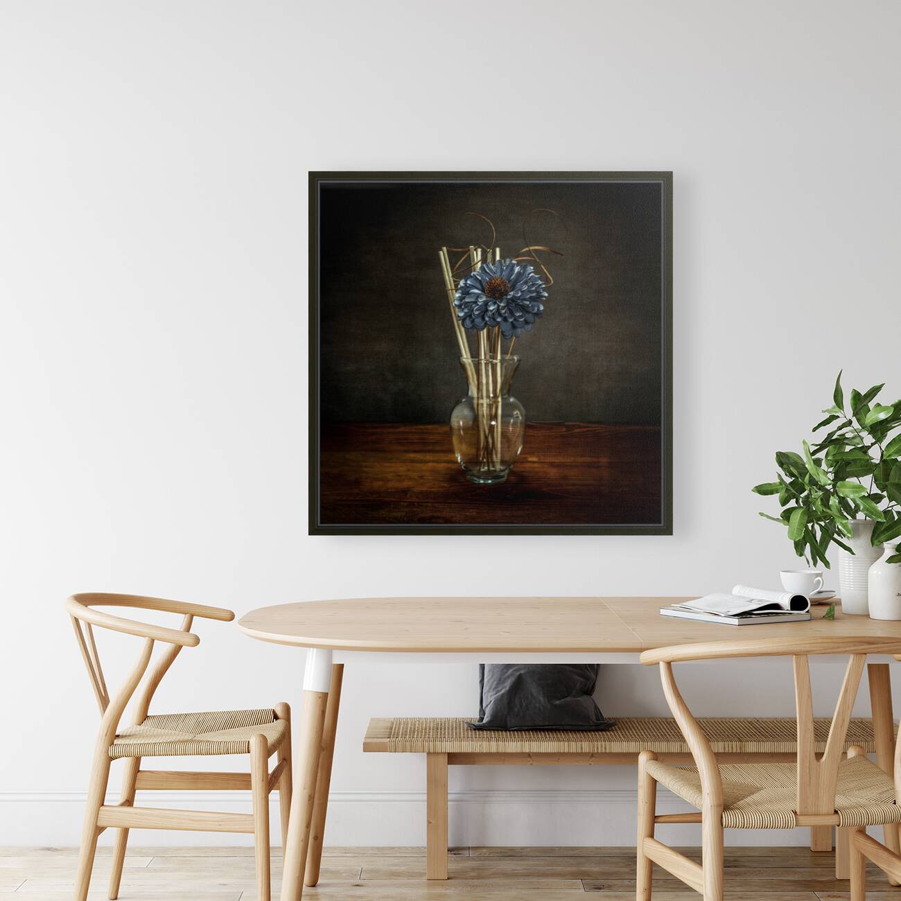 Aquatic Blossom: Blue Flower in Clear Vase with Reeds Reproduction