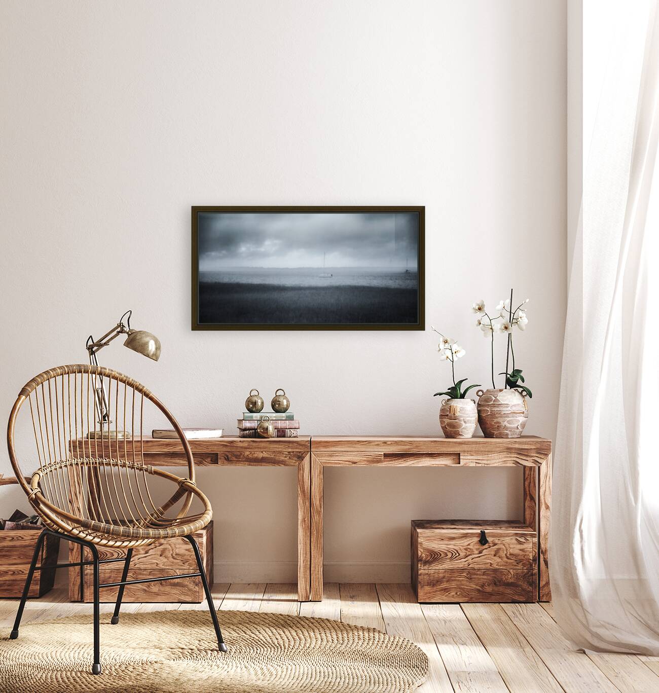 Rainy Day Adventures: A Foggy Sailboat Tale Reproduction