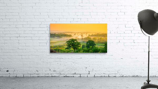 Dawns Embrace: Little Round Top Foggy Morning in Gettysburg PA Wall Preview