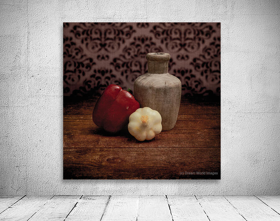 Farmhouse Spice: Weathered Wooden Jar with Red Pepper and Garlic Wall Preview