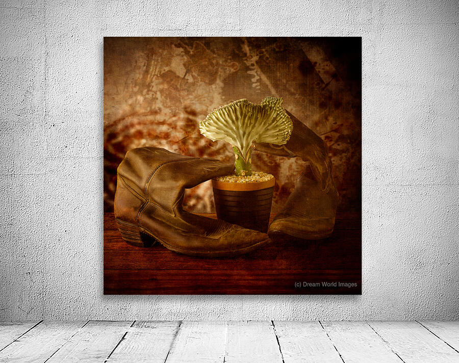 Southwest Harmony: Wavy Cactus and Weathered Cowboy Boots Wall Preview