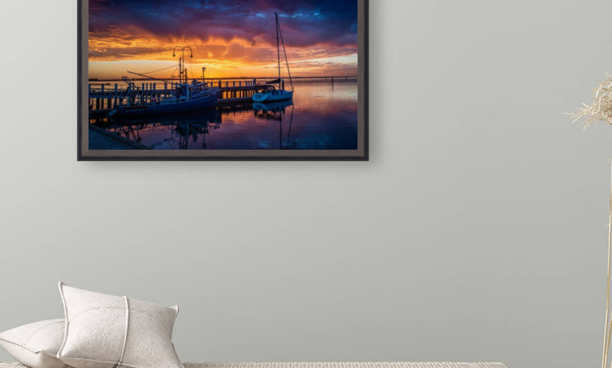 Moody Sunrise with Fishing Boats in Harbour by Grant Cookson