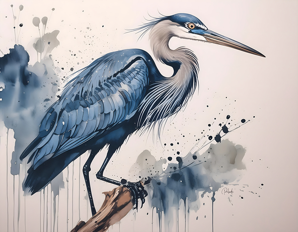 Great Blue Heron Ink Wash Digital Download