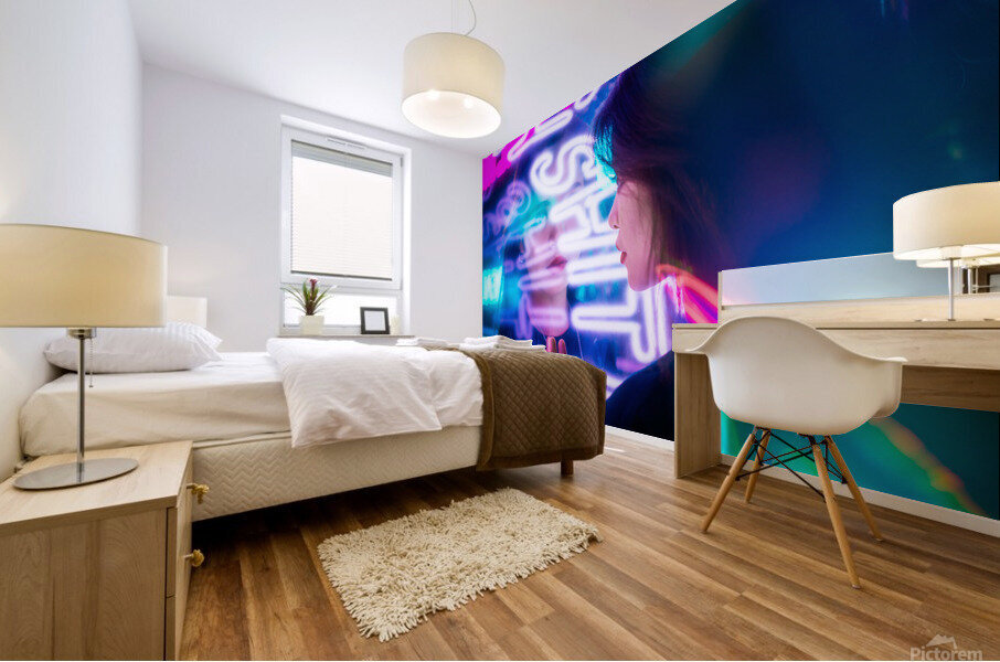 Young Chinese woman portrait with neon lights Mural print