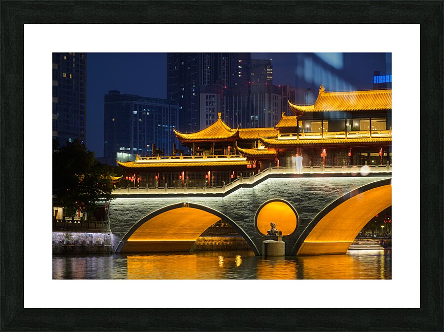 Nighttime Serenity Over Anshun Bridge in Chengdu. Picture Frame print