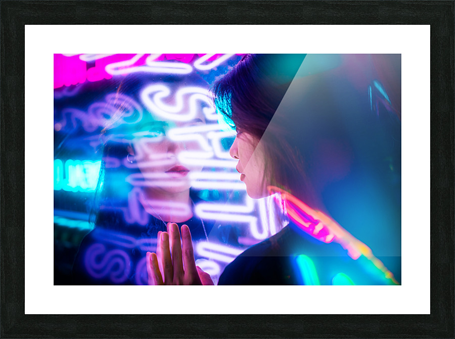 Young Chinese woman portrait with neon lights Picture Frame print