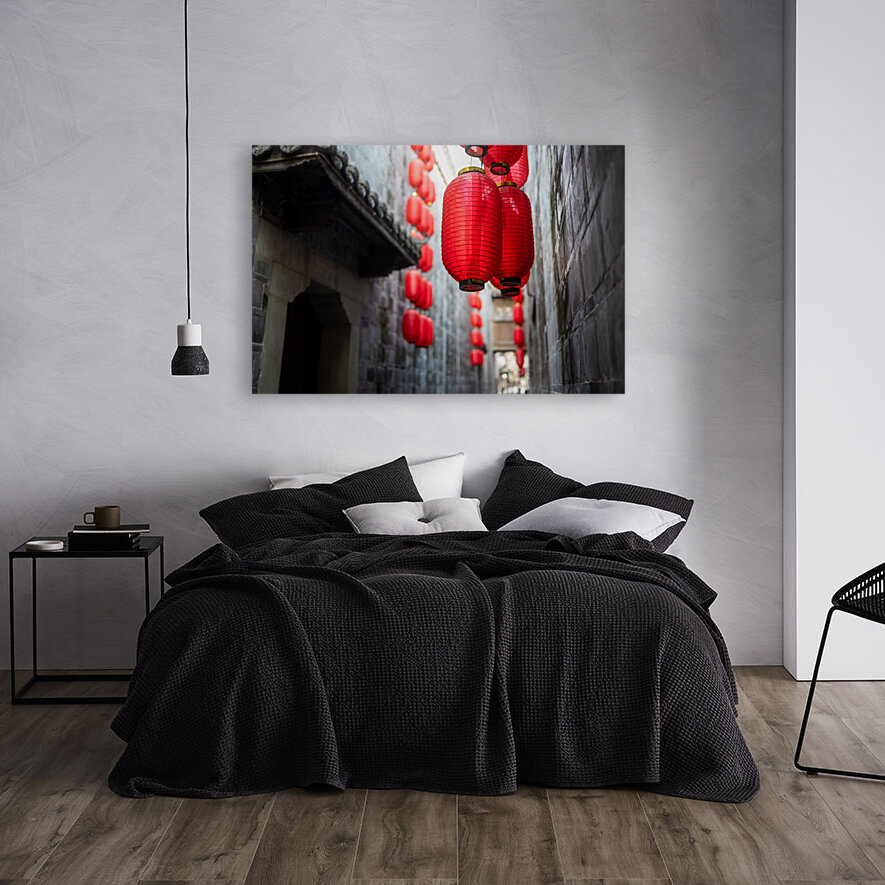 Red Chinese lanterns low angle view Reproduction