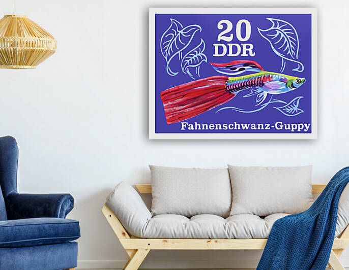 1976 East GERMANY Flag Tail Guppy Postage Stamp by Retrographics