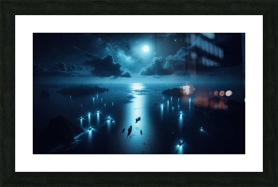 Luminous boats at night at sea 12 Picture Frame print
