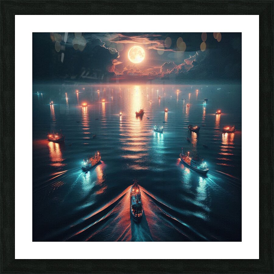 Luminous boats at night at sea 16 Picture Frame print