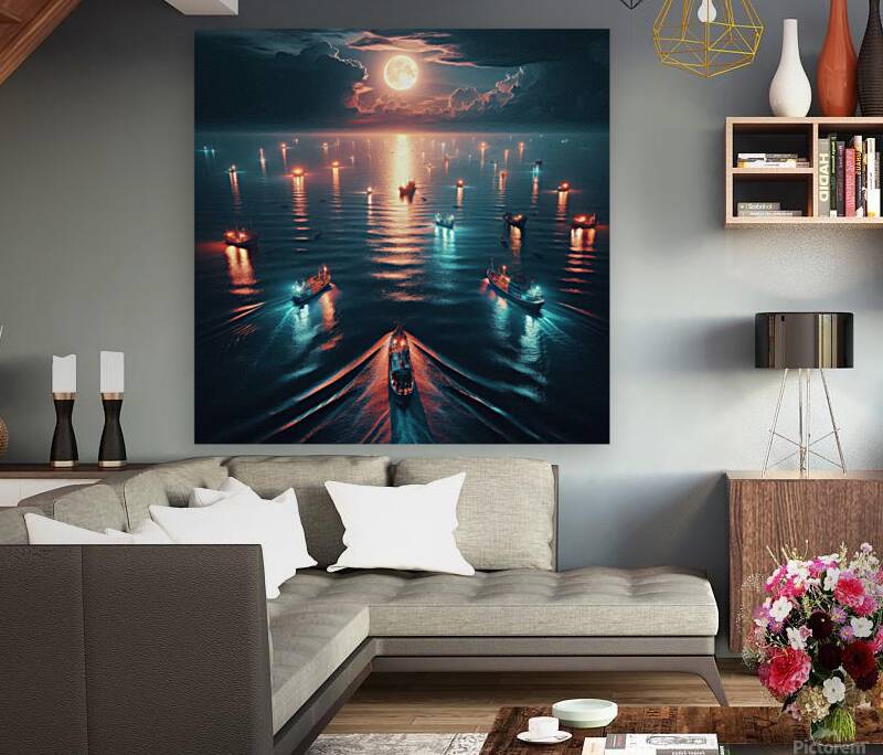 Luminous boats at night at sea 16 Reproduction