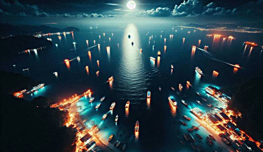 Luminous boats at night at sea 4 by Nile