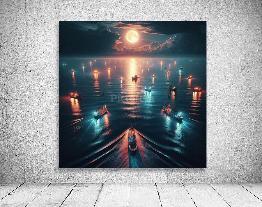 Luminous boats at night at sea 16 Wall Preview