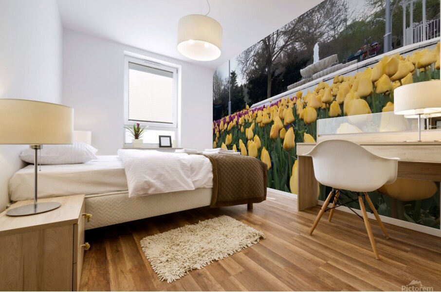 A beautiful view of the water fountain and color flowers Mural print