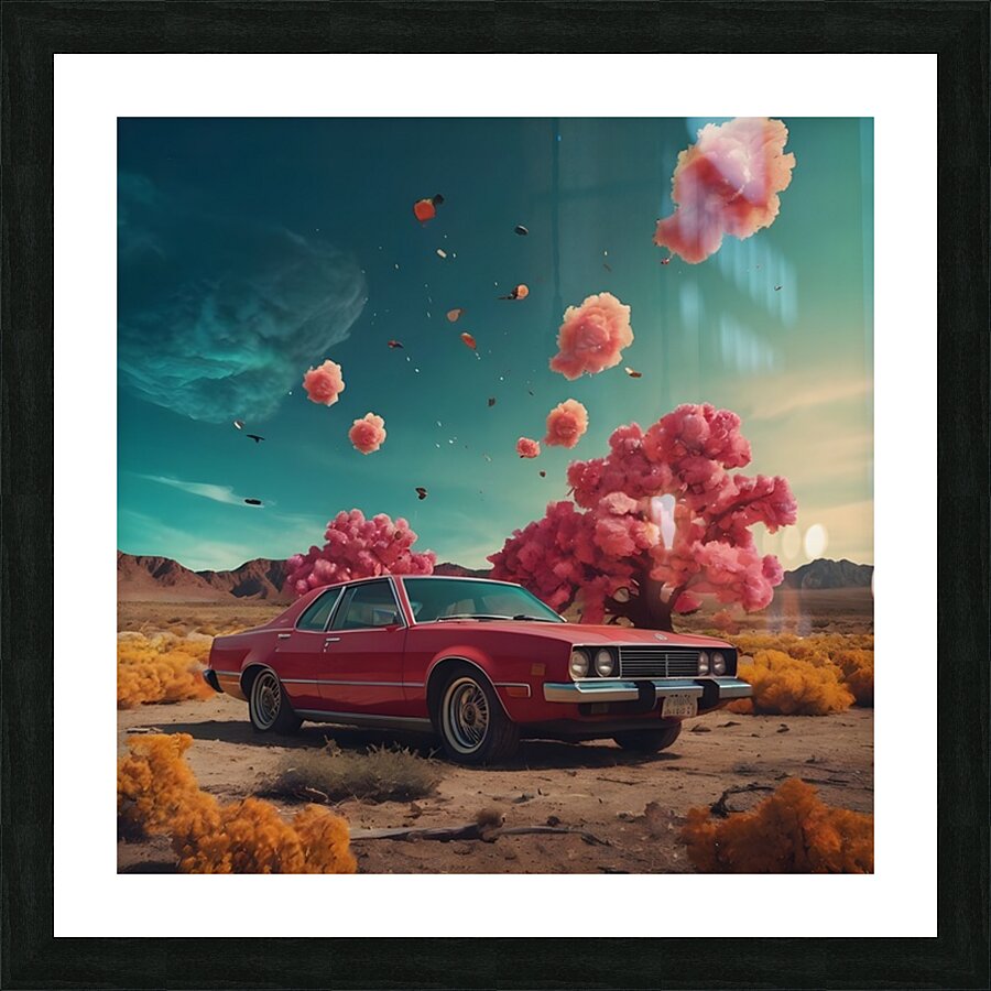 A luxury car in the pink wilderness Picture Frame print