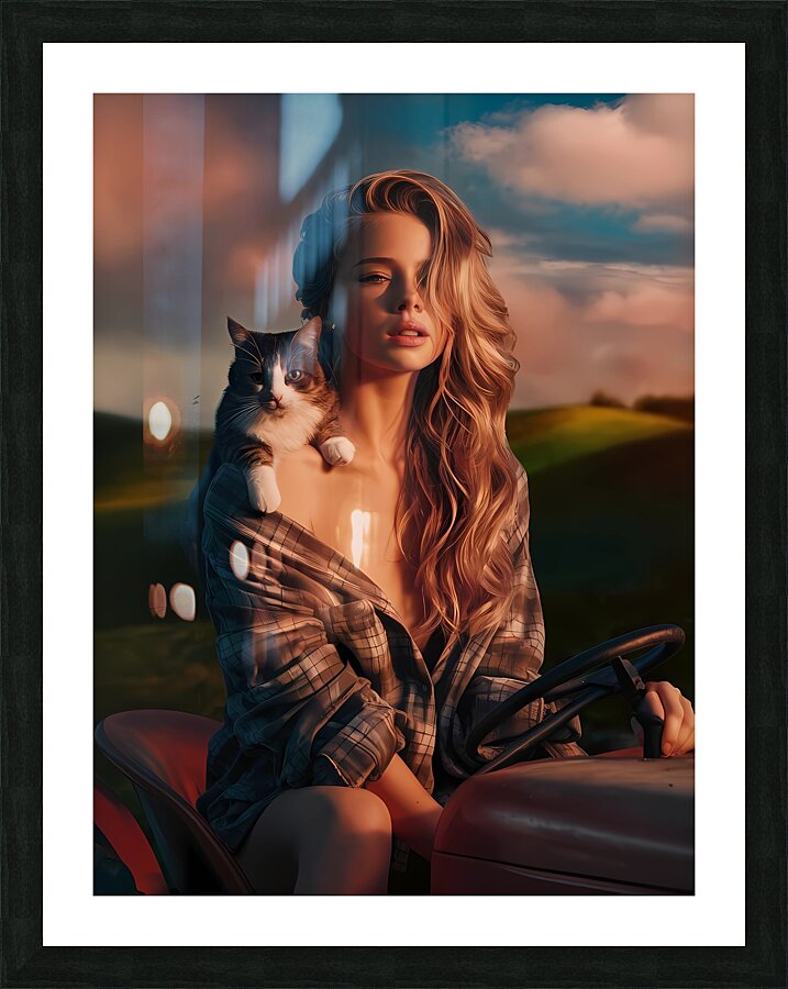 a captivating photograph of a young woman and cat Picture Frame print