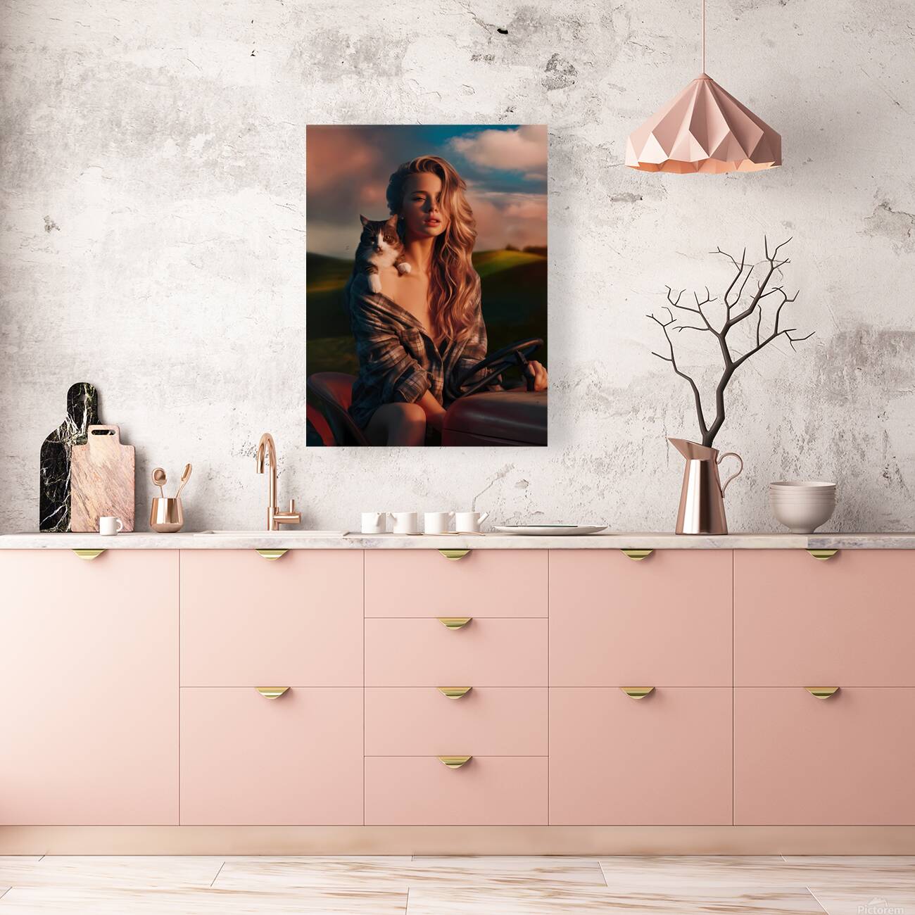 a captivating photograph of a young woman and cat Reproduction