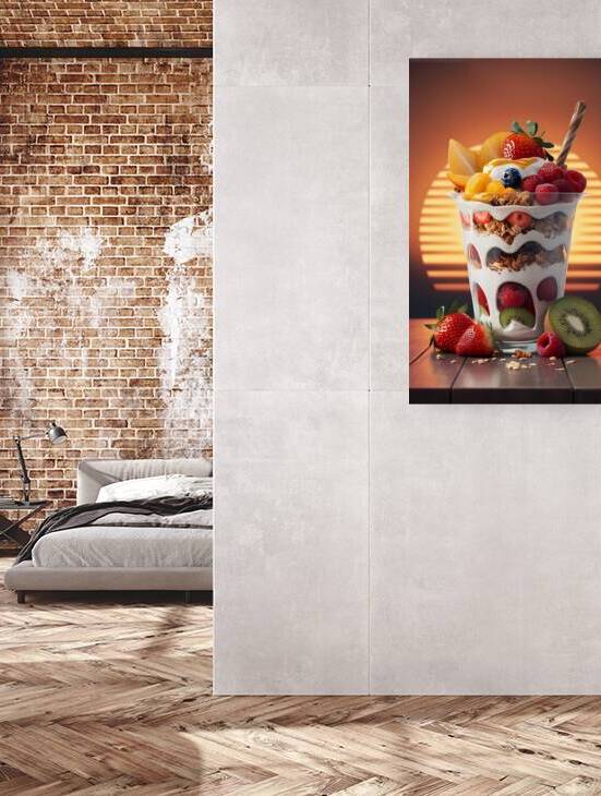 fresh fruit parfait scene against orange sunrise by Surf