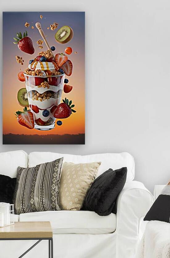 fresh fruit parfait scene with elements floating by Surf
