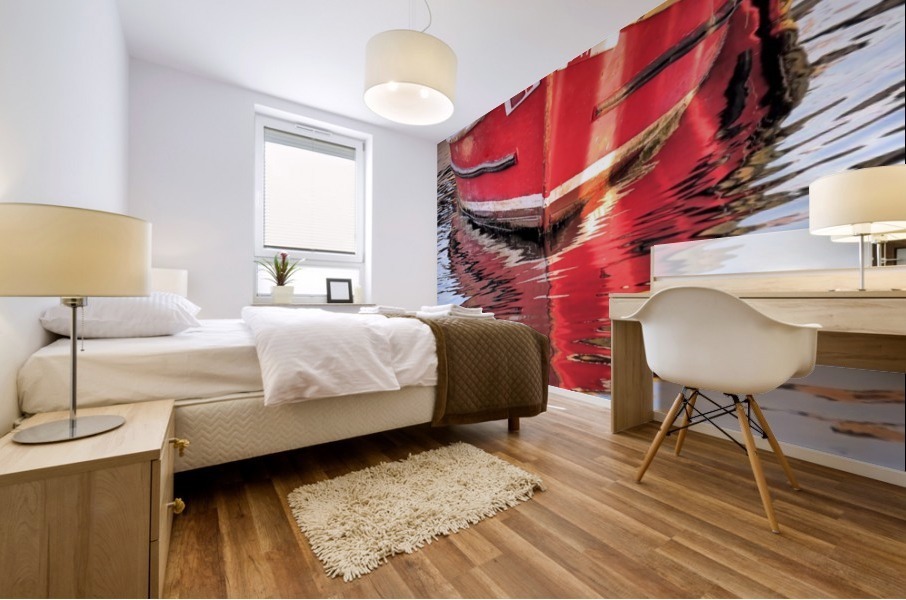 Red skiff reflections Mural print